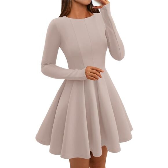 Long Sleeve A-Line Swing Dress | Elegant Pleated Knee-Length Cocktail - Picture 1 of 5